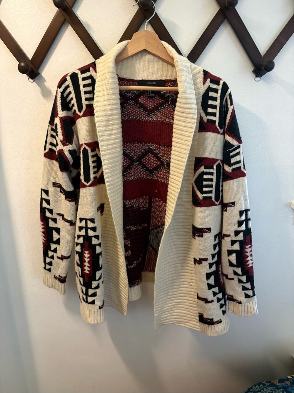 Forever 21 Cream, Burgundy & Black Aztec Shawl Cardigan